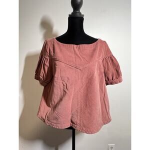 Free People EUC Rose Pink Fine Wale Corduroy Short Puff Slv Top Shirt Blouse S